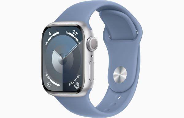 Apple Watch Series 9 GPS + Cellular 45mm Silver Aluminium Case with Storm Blue Sport Band 