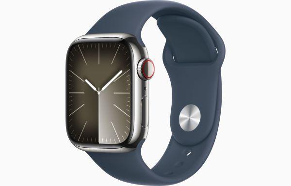 Apple Watch Series 9 GPS + Cellular 45mm Silver Stainless Steel Case with Storm Blue Sport Band 