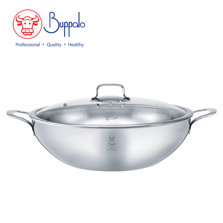 BUFFALO IMPERIAL SUS316 36CM 5PLY FLAT BOTTOM WOK W/GLASS LID(2.3MM)