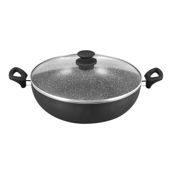 EURO COOK 34X9.5CM BLACK MARBLING NON-STICK WOK W/GLASS LID (BLACK) EC21434W