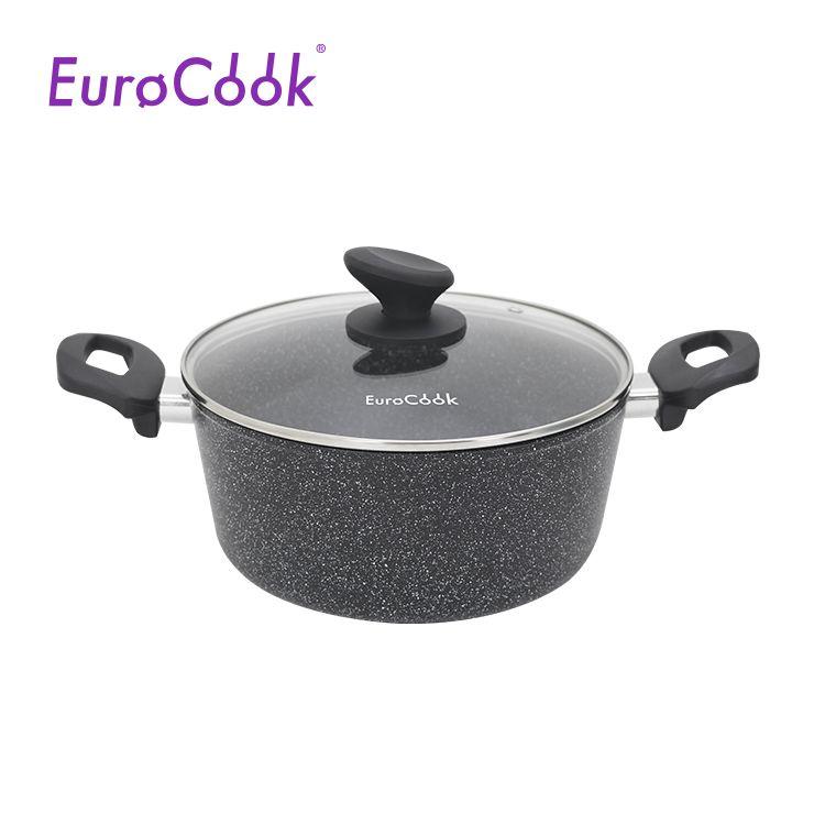 EURO COOK鍛造鑄鋁雲石紋易潔24X10.5CM雙耳煲玻璃連蓋- 黑色雲石紋