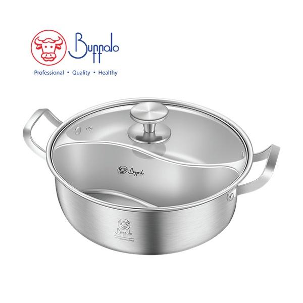 BUFFALO PRO COOK SUS304 NO WELDING DIVIDER HOTPOT WITH GLASS LID (30X9.5CM/5.0L) 20330C
