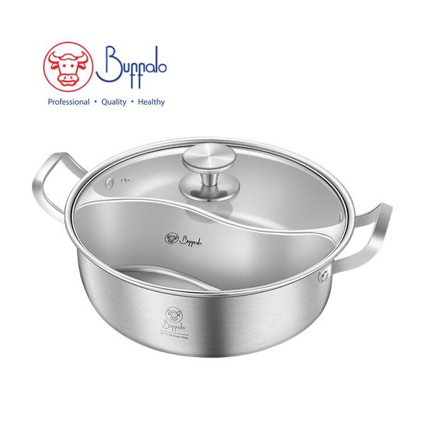 BUFFALO PRO COOK SUS304 NO WELDING DIVIDER HOTPOT WITH GLASS LID (30X9.5CM/5.0L)