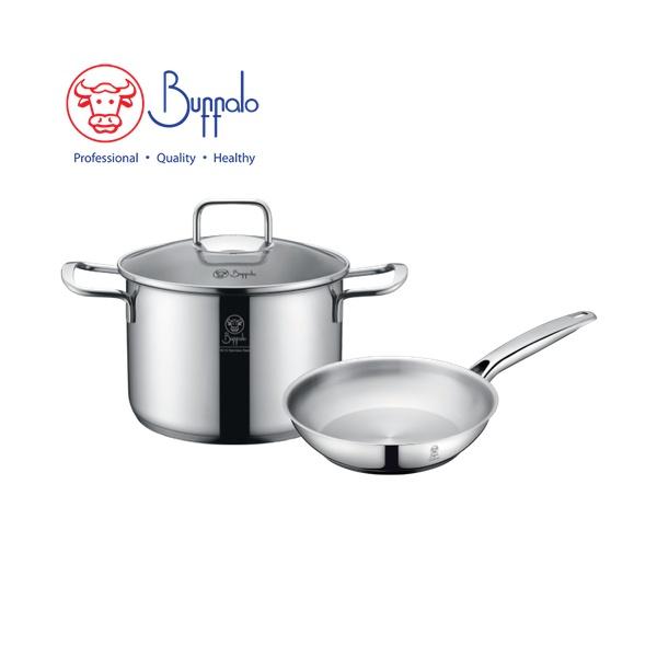 BUFFALO PRO TWINS COOK 3-PC COOKWARE SET: 20X13.5CM/3.8L STOCKPOT W/GLASS LID+ 20CM FRYPAN (0.6MM)