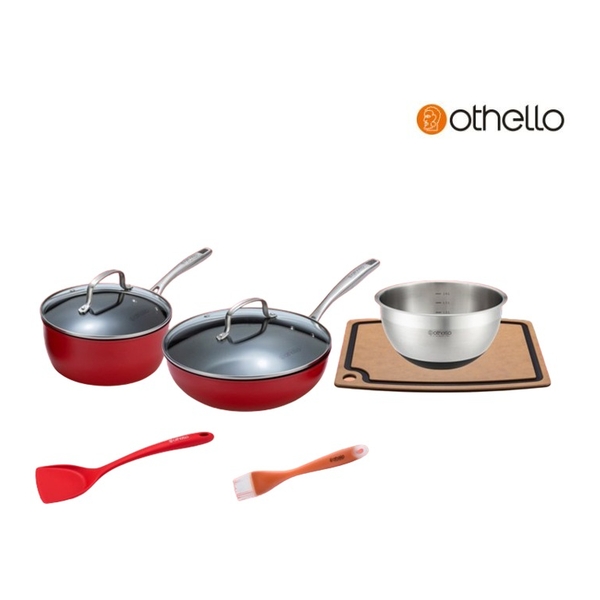 Othello - Cherry combo set #3 Combo set (20*9cm 2/6L aluminum non-stick saucepan with tempered glass lid +  26*7/5cm  3/4L aluminum non-stick wok with tempered glass lid) Classic - 20cm mixing bowl Othello - High density fibre cutting board with juice groove & hole