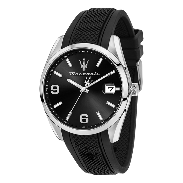 Maserati CAPSULE 43 mm ss case 3H date mvt black dial black silicone strap R8851151010