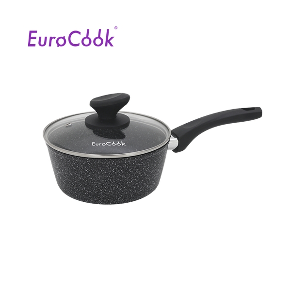 EURO COOK 鍛造鑄鋁雲石紋易潔18X8CM單柄煲玻璃連蓋 - 黑色雲石紋