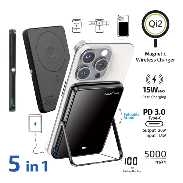inno3C Qi2 鏡面超薄磁吸無線充移動電源5000mAh連支架 i-5M3