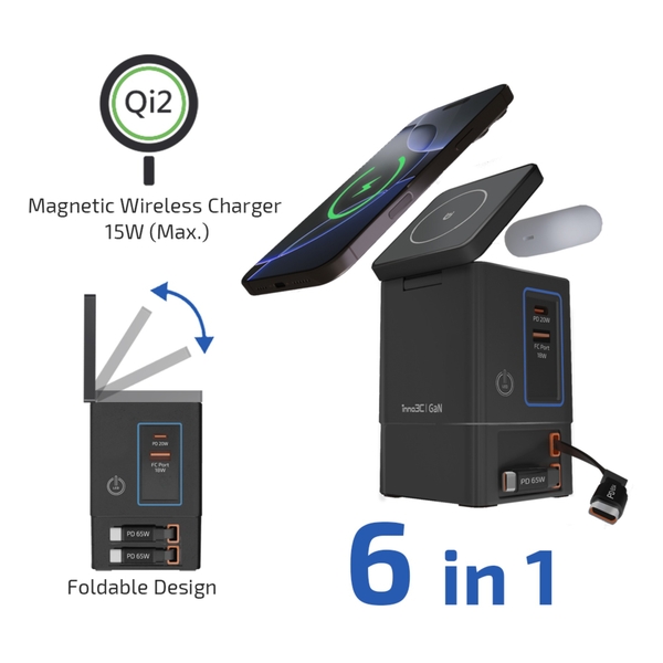 inno3C Qi2 GaN 6合1磁吸無線快速充電座105W 內置伸縮充電線 i-105C2