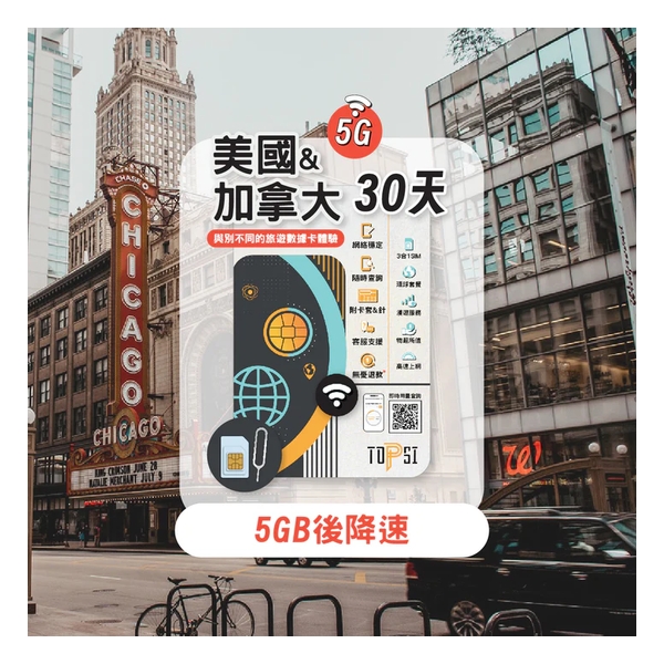 TOPSI {5G} 美國+加拿大30天 無限數據卡 (首 5/10GB 數據高速，其後降速至 128 Kbps)