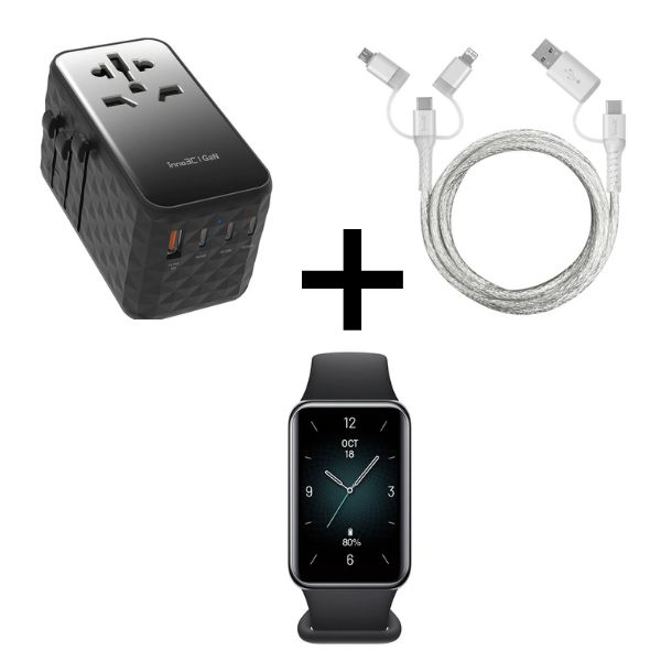 inno3C GaN 120W 4輸出旅行轉換插頭 + inno3C 五合一透明快速充電線1.2M + Honor Band 9 智能手錶