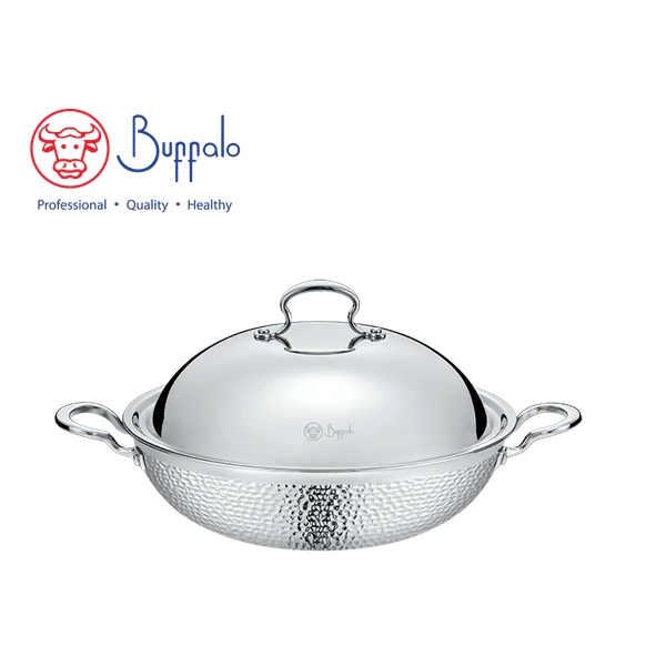 BUFFALO - ROYAL III 316 Stainless Steel 5-Ply Hammered Flat Bottom Wok with S/S Lid 32cm 763432A