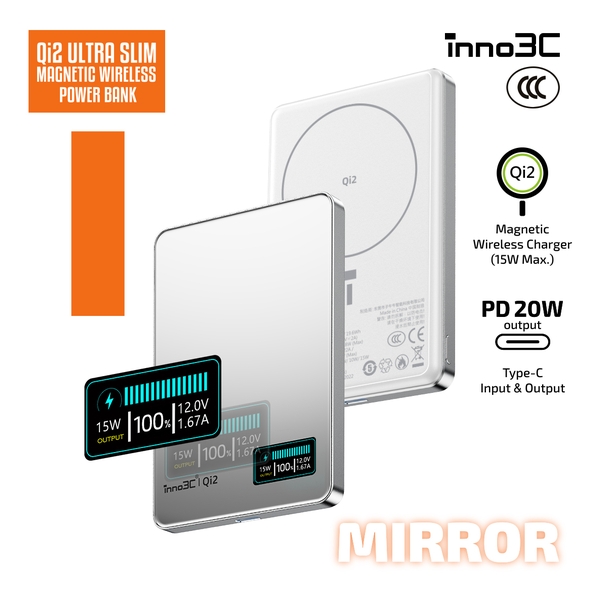 inno3C Qi2 鏡面超薄磁吸無線充移動電源 5000mAh 3C 認證 M0 OLED (Mirror)