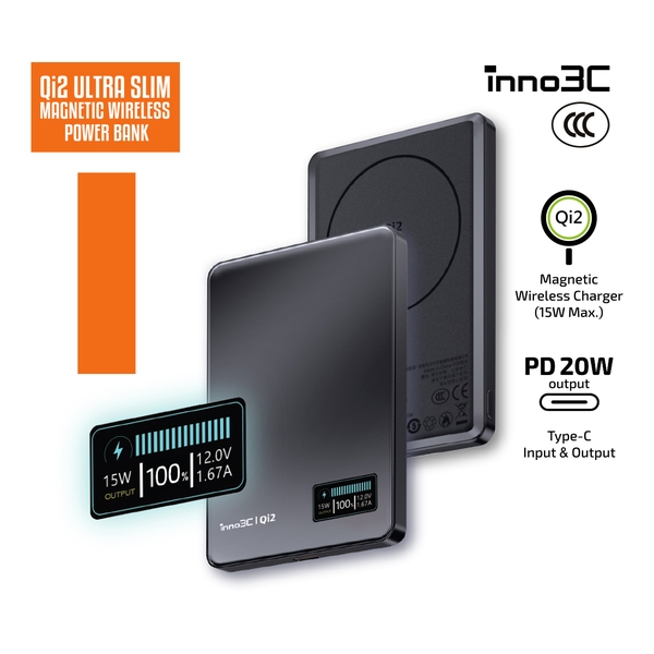 inno3C Qi2 超薄磁吸無線充移動電源 5000mAh 3C 認證 M0 OLED (Black)