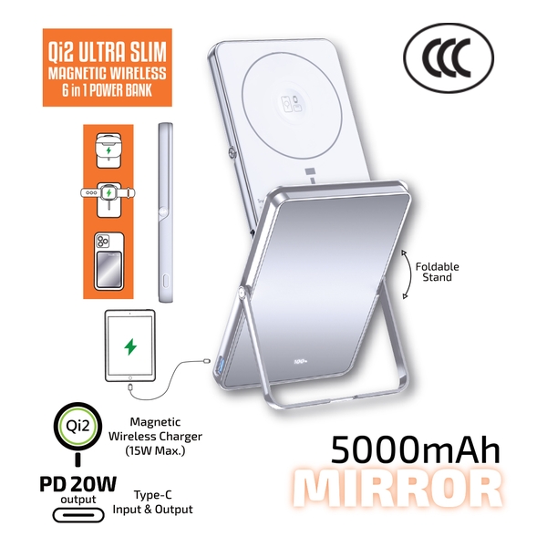 inno3C Qi2 鏡面超薄磁吸無線充 6 合 1 移動電源 5000mAh 3C 認證 M0U (Mirror)