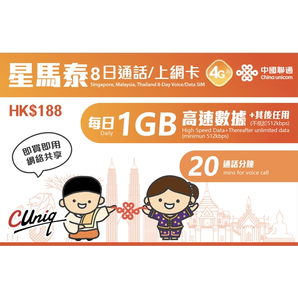 China Unicom Singapore, Malaysia and Thailand 8-Day Voice/Data SIM