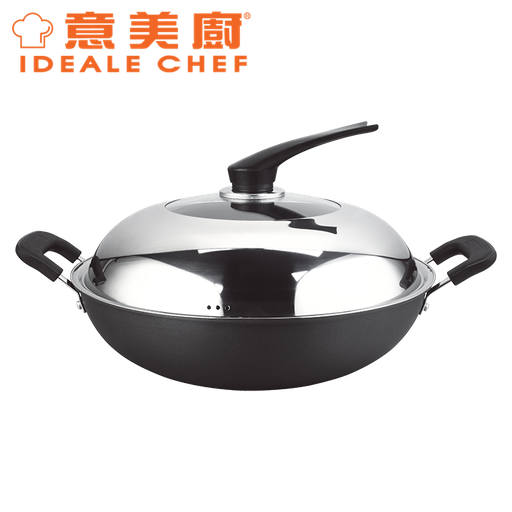 [138F0087] IDEALE CHEF HARD-ANODIZED 36CM FLAT BOTTOM WOK W/LID