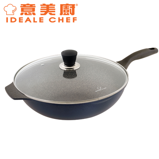 [146F0480] IDEALE CHEF KOREA RAINBOW DIE-CAST CURLING NON-STICK 34X9.5CM FRY WOK W/GLASS LID (DARK BLUE) IC16334W