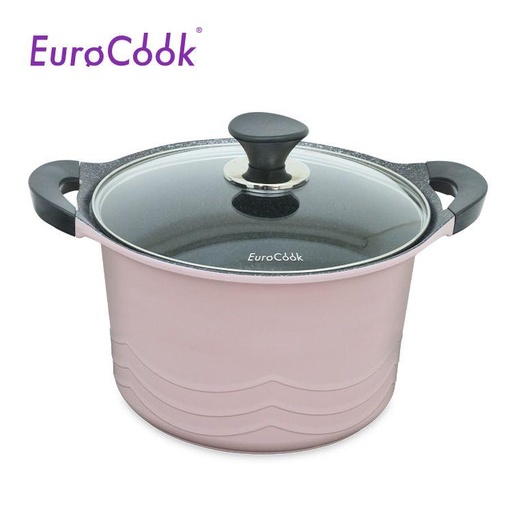 [138F0210] EURO COOK KOREA DIE-CAST GREY MARBLING NON-STICK 26X15.6CM/7.2L HIGH STOCKPOT W/GLASS LID (PINK)