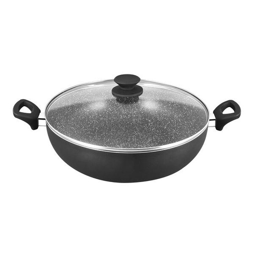 [146F0863] EURO COOK 34X9.5CM黑色雲石紋易潔雙耳鍋連玻璃蓋- 黑色 EC21434W