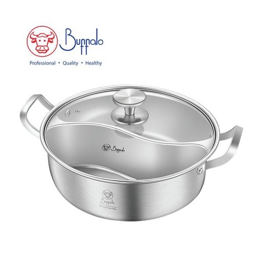 [138F0016] BUFFALO PRO COOK SUS304 NO WELDING DIVIDER HOTPOT WITH GLASS LID (30X9.5CM/5.0L)