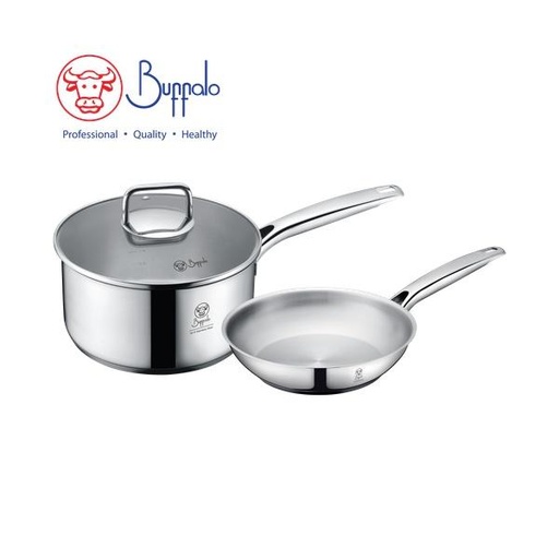 [146F0562] BUFFALO PRO TWINS COOK 3-PC COOKWARE SET: 20X10CM/2.7L SAUCEPAN W/GLASS LID+ 20CM FRYPAN (0.6MM) 35020PF1