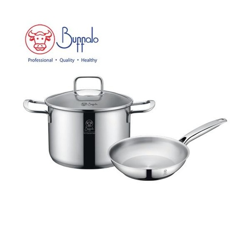 [138F0030] BUFFALO PRO TWINS COOK 3-PC COOKWARE SET: 20X13.5CM/3.8L STOCKPOT W/GLASS LID+ 20CM FRYPAN (0.6MM) 35020SF1