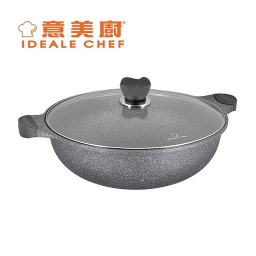 [138F0043] IDEALE CHEF KOREA JUMBO DIE-CAST CURLING NON-STICK 36X10.5CM WOK W/GLASS LID IC14636W