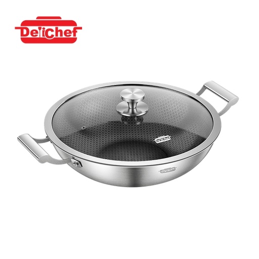 [138F0269] DELICHEF WAVE II 3-PLY SUS304 CHINESE WOK W/GLASS LID (36X9.9CM) (2.2MM)