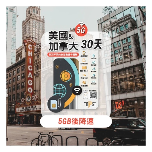 TOPSI {5G} 美國+加拿大30天 無限數據卡 (首 5/10GB 數據高速，其後降速至 128 Kbps)