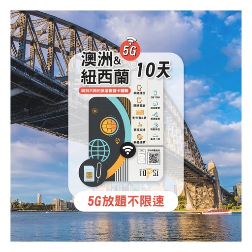 TOPSI {5G} 澳洲/紐西蘭 10/20/30天 無限數據卡 (首 6/10/20GB 數據高速，其後降速至 128 Kbps)