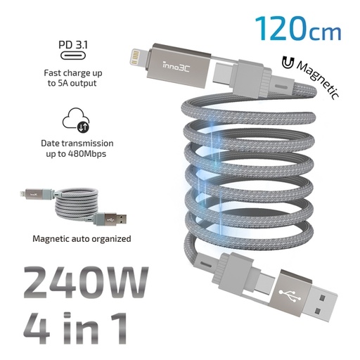[049F8143] inno3C 240W 4 in 1 Magnetic Organized Cable 120cm (Grey)