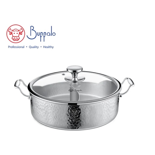 [138F0307] BUFFALO - PRO COOK II 316 Stainless Steel 5-Ply Hammered Hot Pot with Partition and Glass Lid 30cm / 5.62L