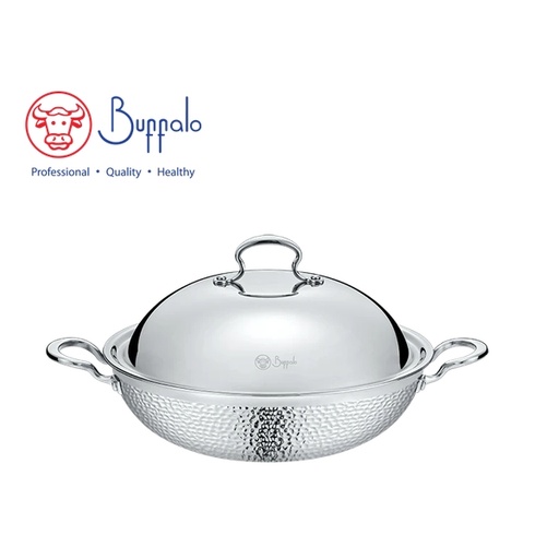 [146F0955] BUFFALO - ROYAL III 316 Stainless Steel 5-Ply Hammered Flat Bottom Wok with S/S Lid 32cm 763432A