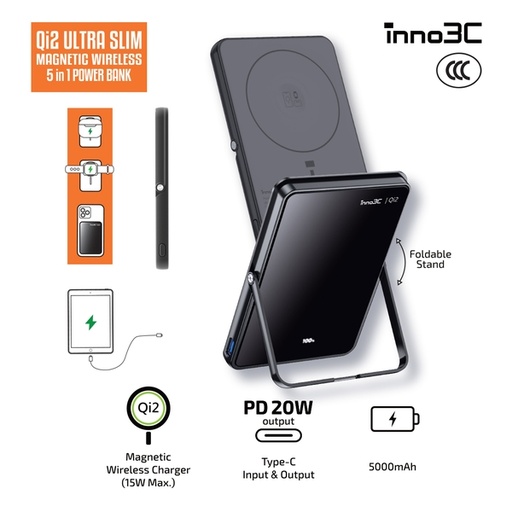 [133F0137] inno3C Qi2 Ultra Slim Magnetic Wireless 5 in 1 Power Bank 5000mAh [CCC 3C Cert.] M0U (Black)