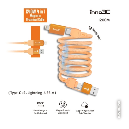 [049F8155] inno3C 240W 四合一磁吸收納線 120cm (橙) i-4M240-12