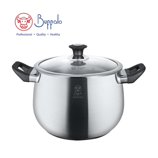 [146F0386] BUFFALO - PRECIOUS II 18/10 Stainless Steel Encapsulated Bottom High Stockpot with Glass Lid 24cm / 8.5L