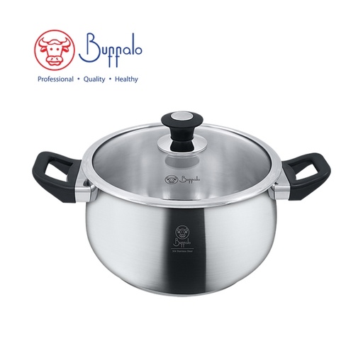 [146F0387] BUFFALO - PRECIOUS II 18/10 Stainless Steel Encapsulated Bottom Stockpot with Glass Lid 24cm / 5.9L (36624S)